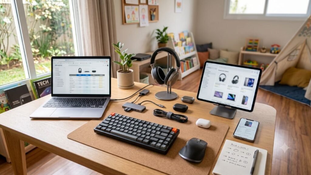 Notebook, fone, teclado e acessórios tech sobre mesa de trabalho organizada
