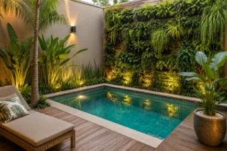 Paisagismo para piscina pequena com jardim vertical e plantas tropicais