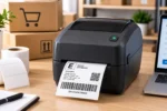 Impressora térmica de etiquetas imprimindo etiqueta de envio em estação de e-commerce.