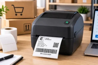Impressora térmica de etiquetas imprimindo etiqueta de envio em estação de e-commerce.
