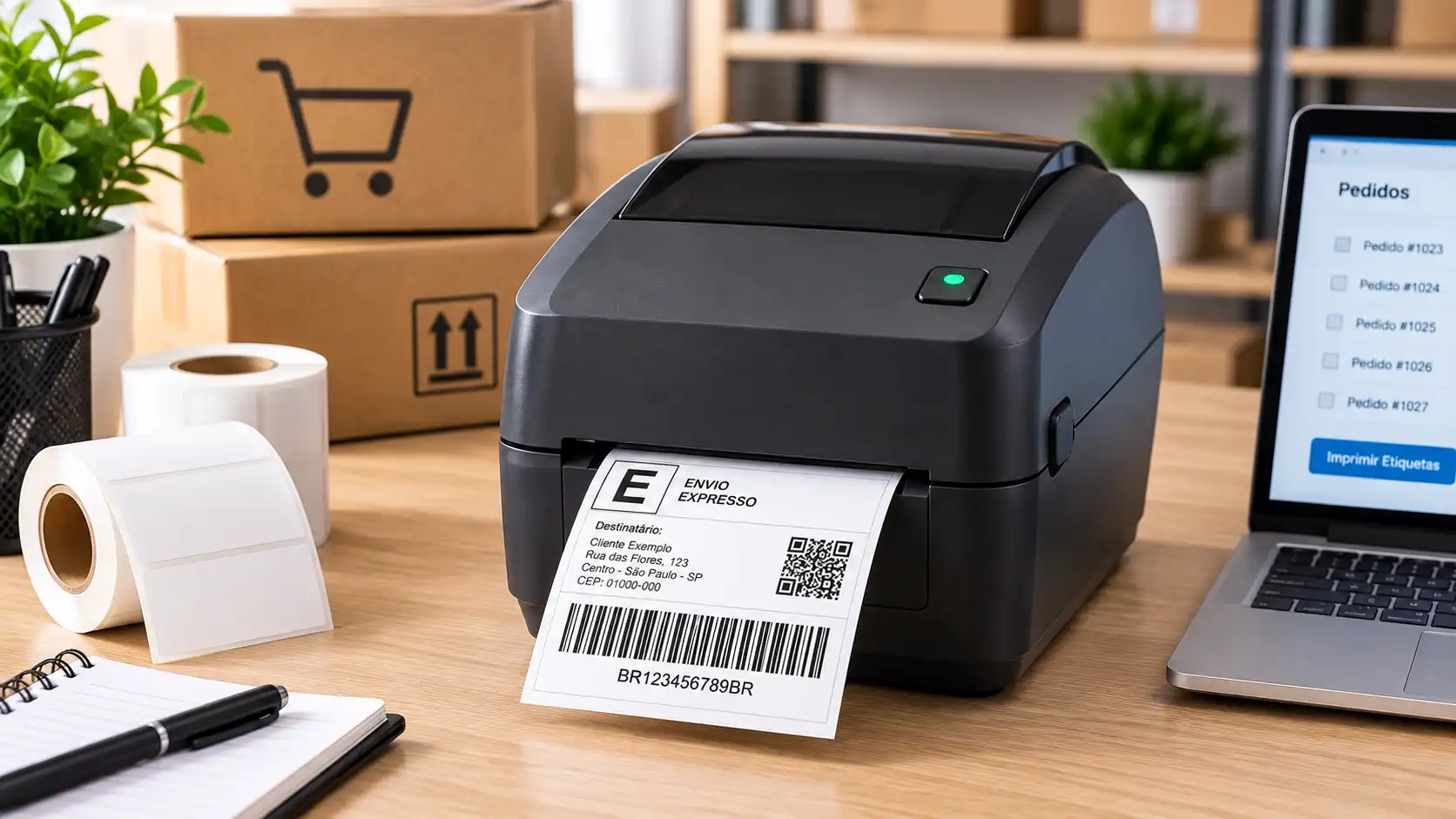 Impressora térmica de etiquetas imprimindo etiqueta de envio em estação de e-commerce.