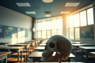Sala de aula iluminada pelo sol com um modelo de crânio sobre a carteira em primeiro plano
