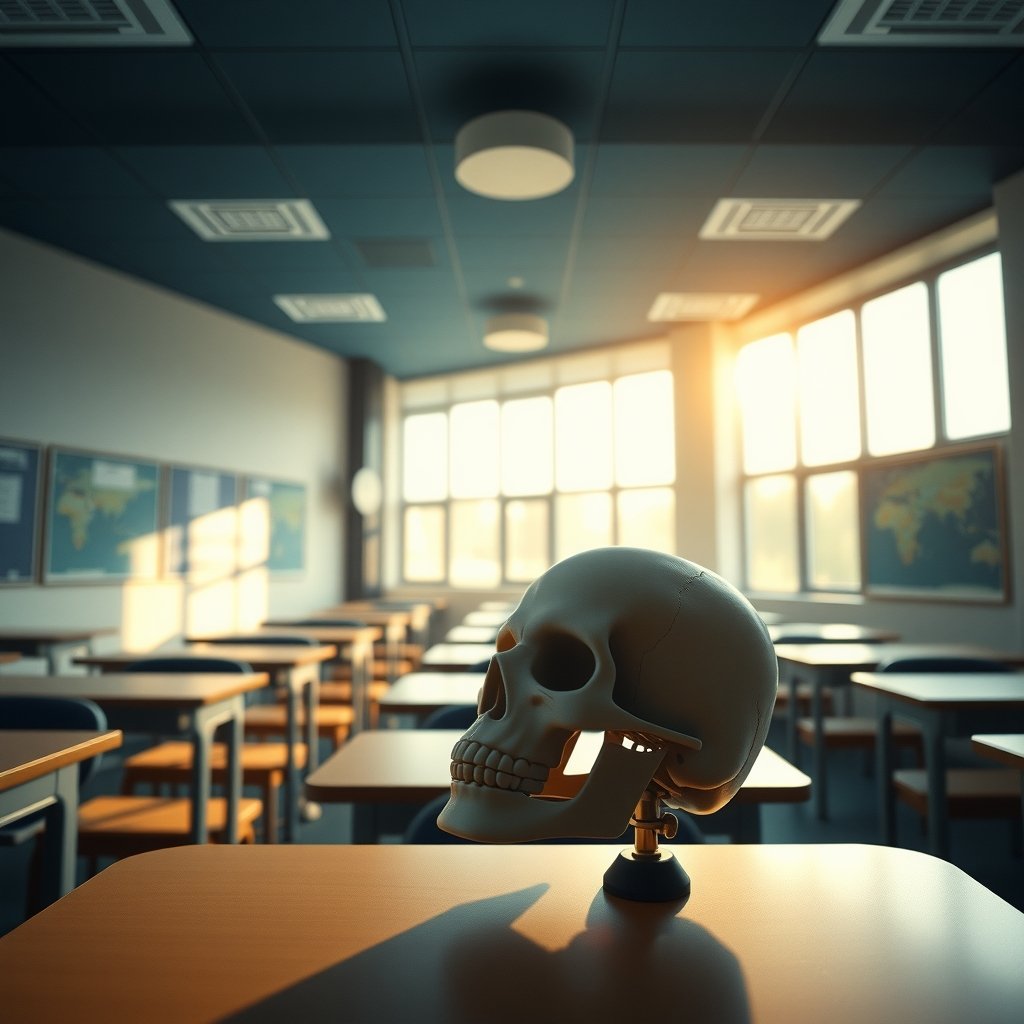 Sala de aula iluminada pelo sol com um modelo de crânio sobre a carteira em primeiro plano
