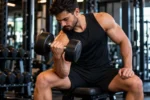 Homem musculoso treinando bíceps com halter na academia para ganhar massa muscular
