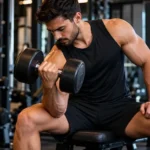Homem musculoso treinando bíceps com halter na academia para ganhar massa muscular