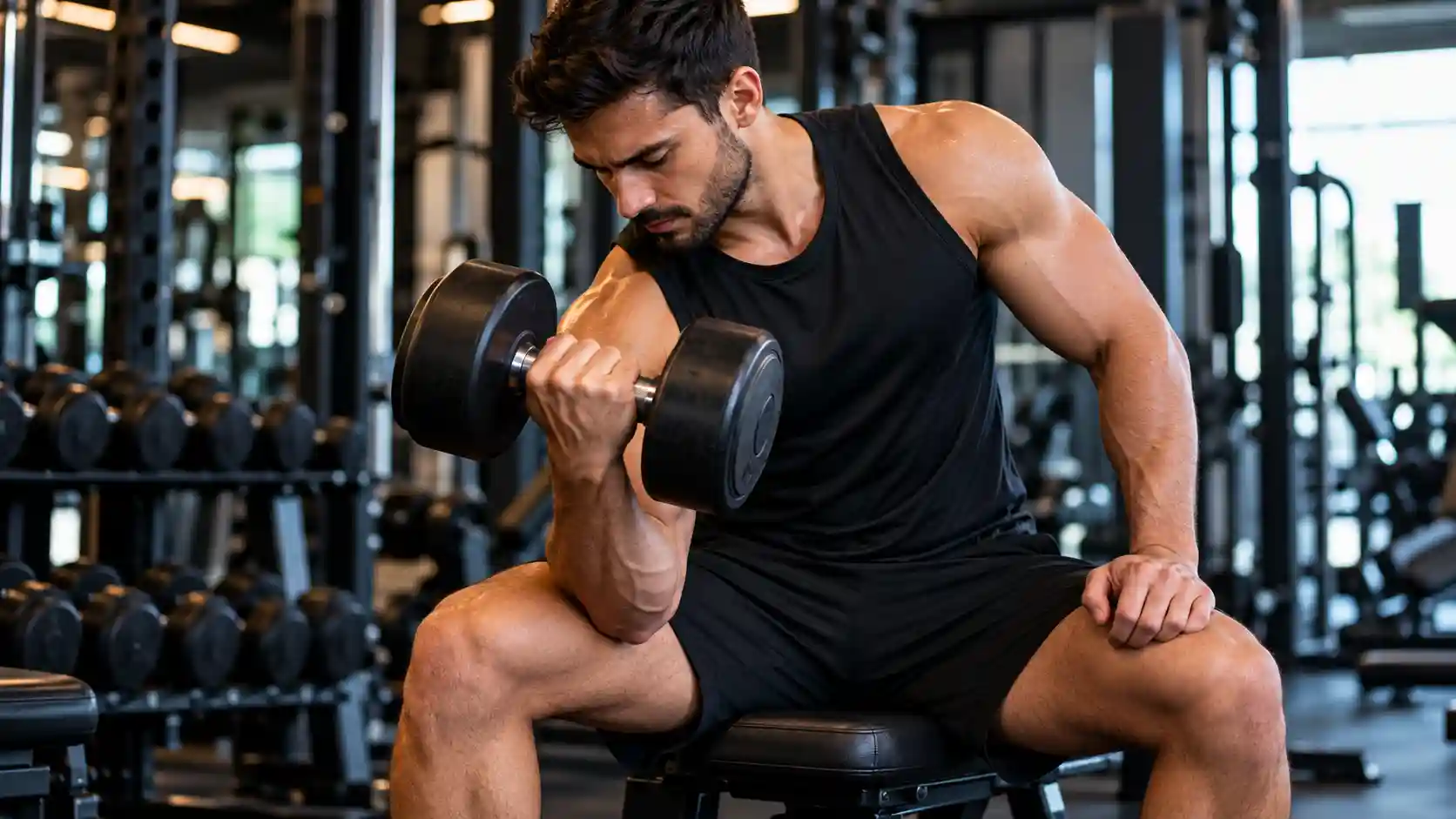 Homem musculoso treinando bíceps com halter na academia para ganhar massa muscular